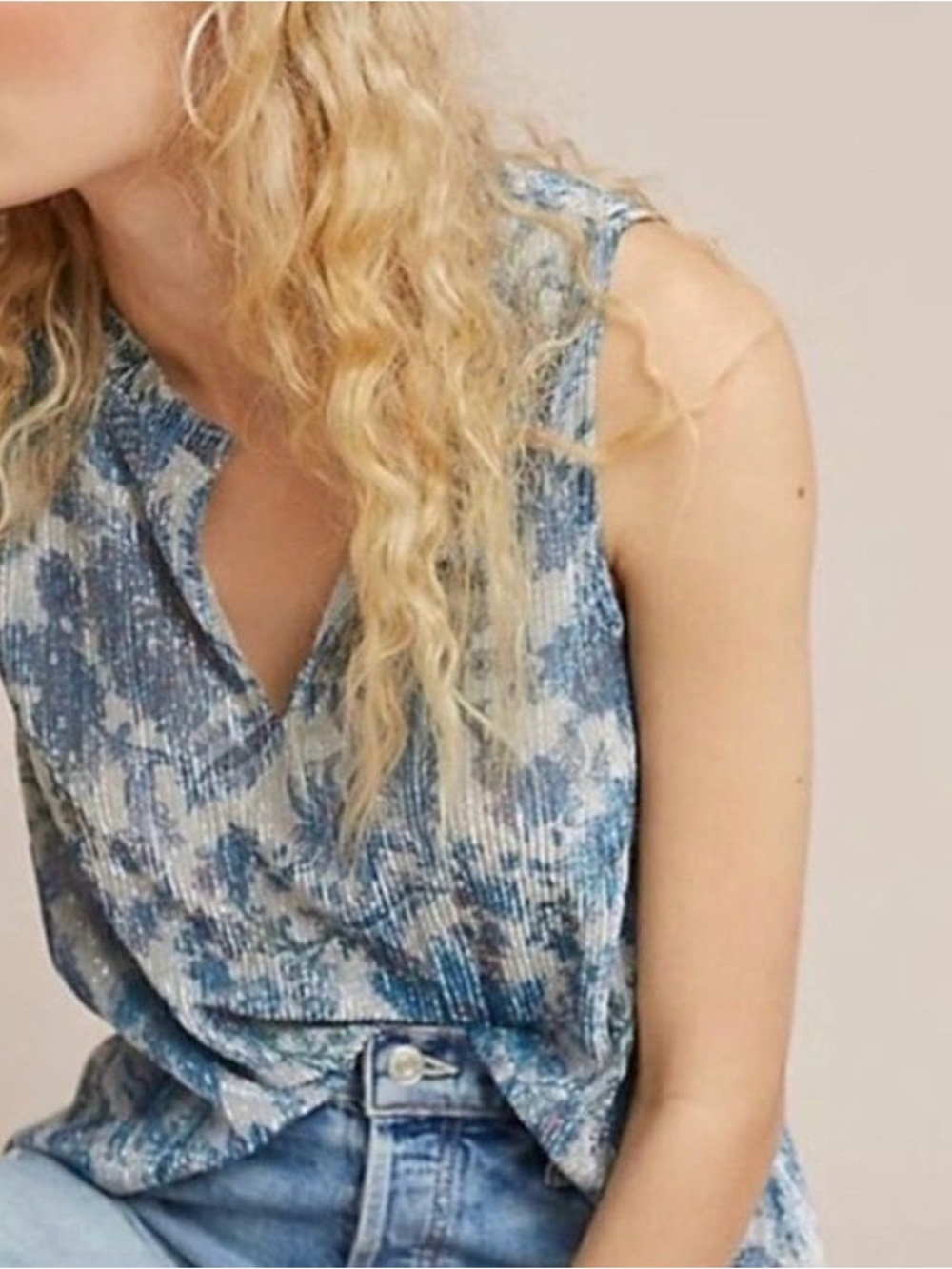 ANTHROPOLOGIE VANESSA VIRGINIA GLITTER FLORAL PLEATED TANK TOP SZ SMALL